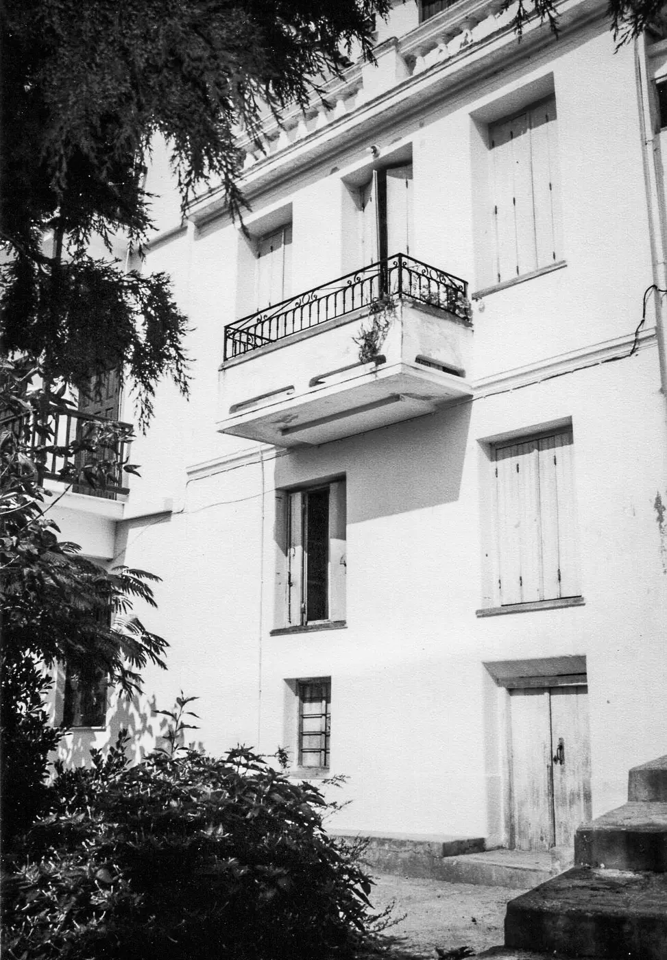 Old black-and-white photograph of a white house with a balcony and shutters, shaded by a tree